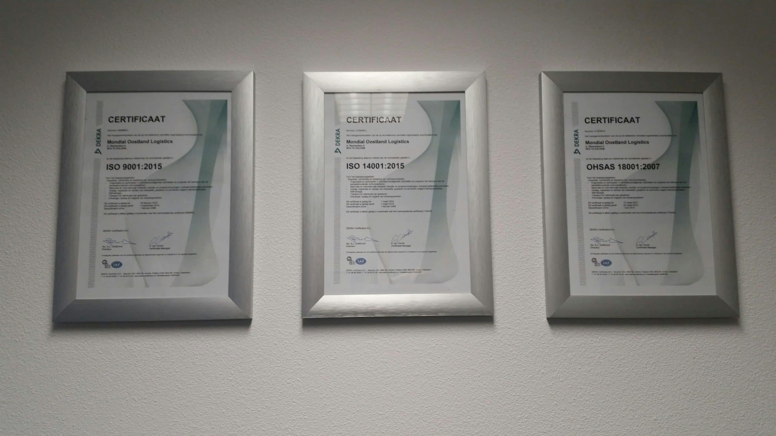 Mondial Oostland Verhuizingen behaalt ISO 9001, ISO 14001 en OHSAS 18001 certificaten