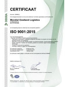 Mondial Oostland Verhuizingen behaalt ISO 9001, ISO 14001 en OHSAS 18001 certificaten